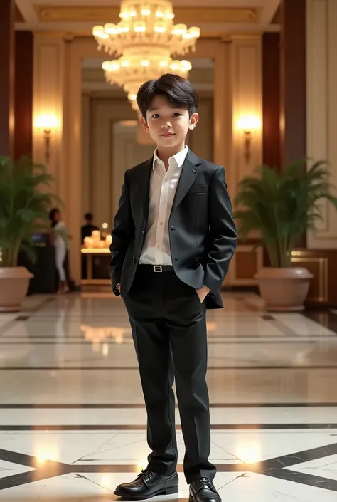 Boy aged  Asian dressed fashionably in hotel lobby standing looking at camera posing