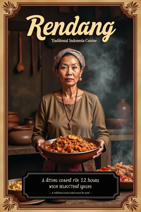 Create a vintage-style movie poster for a documentary about traditional Indonesian cuisine, focusing on Rendang. The central figure is a middle-aged woman with authentic Malay features, wearing traditional West Sumatran attire. Her head is adorned with a s...