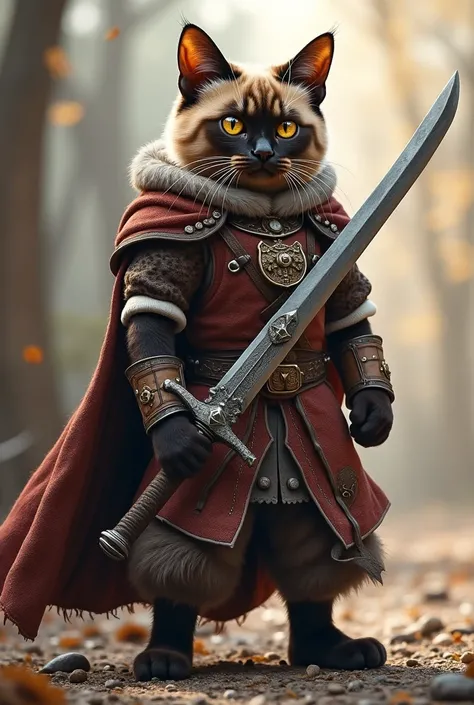  a cat warrior with a big Western sword、 this cat is a fierce fighter with a war history 、this cat is cute 、 this cat has round eyes、This cat has a head-to-body ratio of 1 to 1、This cat is a Siamese cat、The medieval world、Airou、 Monster Hunter