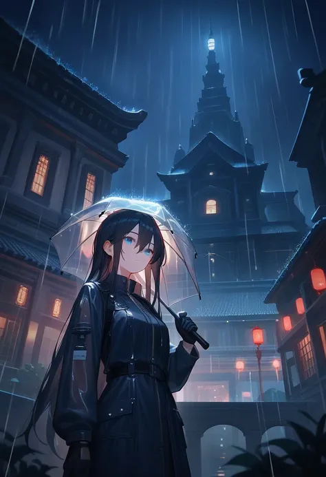 1 Girl,Standing, blue eyes ,Gloves, dark hair ,Complex background,Umbrella,  tall, long hair ,student，temple,Rainy Night，City，With hair down， A strand of hair on the right side is woven into a twist，A red teardrop on the right ， old girl ， cold expression，...