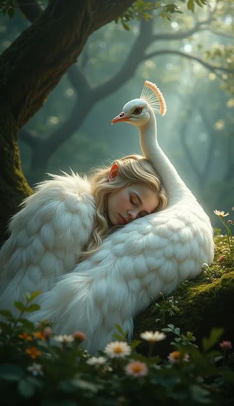  White Girl Sleeping Embraced by a White peacock 、Deep Dark Forest 