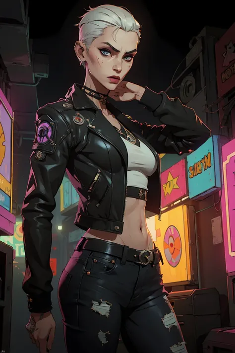 (Masterpiece:1.2, Best quality, cyberpunk), (real photo, Intricate details), (1lady, solo, Slender body, small breast,)，old face  Experiment with appearance：Shave your head or white short hair color，Babershop hair, Slender, figure, Slender Legs, Top-model ...