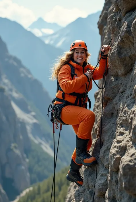 Chubby mature sexy Milf mountaineer. With orange clothes. Climb a steep mountain face with a rope. Smiling