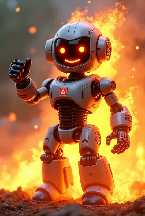 Make me a robot that have fire 🔥  behind him and his happy and does a 👍 