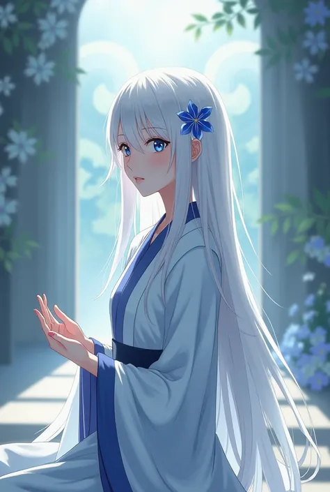 monk ,female, anime, white hair, blue eyes,blue  Higanbana hair pins,Long hair straight