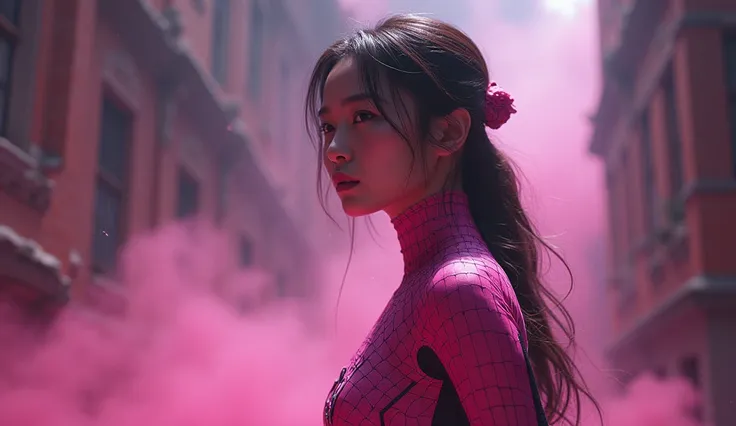 a beautiful korean woman, wearing pink spiderwoman costume, full body costume except head, full body shot, standing, her hand ready to fight, hyper realistic, intricate details, cinematic lighting, dramatic poses, chiaroscuro lighting, volumetric lighting,...