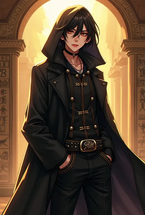 (photorealism:1.2), handsome anime boy wears Gothic Hooded Trench Coat, Steampunk Medieval, a ancients ancient egypt symbols in background, sunlight, realistic, intricate details,