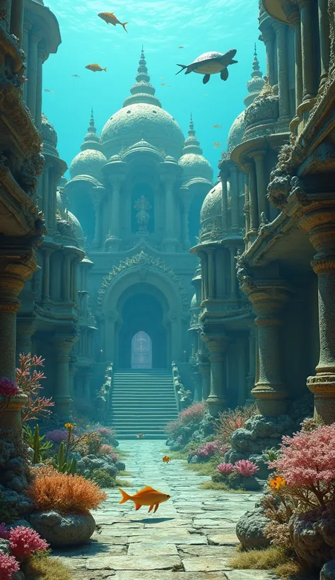 Create a wide shot of an underwater city inspired by the mythical Dwarka Nagri. The scene features an intricate network of golden and stone palaces, majestic temples, and sprawling courtyards, all encrusted with vibrant corals, pearls, and marine life. Tow...