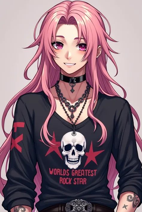 Anime man, that has long hair that goes to his sides, his hair color is often light pink, with black.  He wears rock star shirts and his and pants that have chains. His face is very, androgynous in face shape.  He wears a necklace that has a skull on it, a...