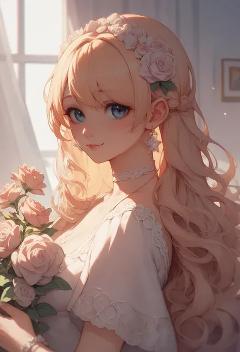 An anime girl in a beautiful wedding look, long flowy hair, bangs, cute, kawaii, idol