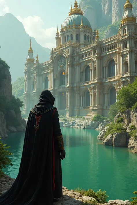 There is a palace in front of a green river and a thief is standing in front of the palace