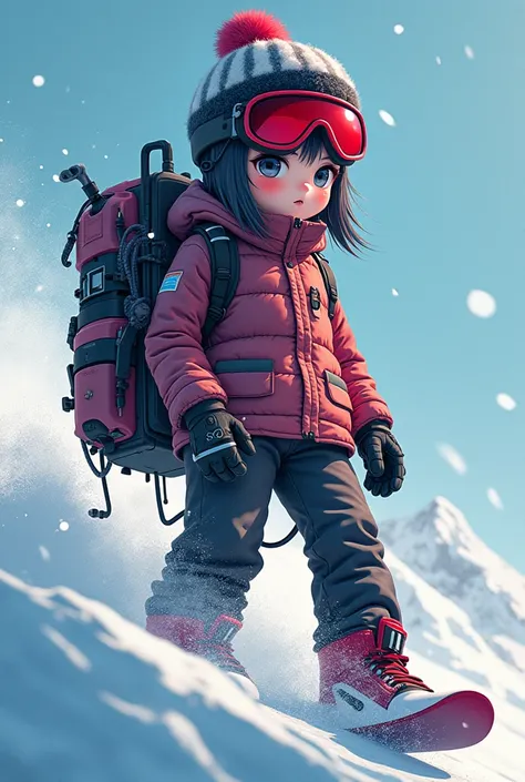  anime character wearing red glasses and a hat, snowboarding , Cyberpunk Art,  inspired by Ryusei Kishida ,  pixiv contest winner,  Autodestructive art  , Cyberpunk Anime Girl Mecha, winter concept art,  fur anthropomorphic Penguin , frostbite,  guweiz art...