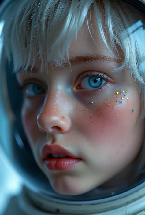  Close-up of an improved masterpiece:1.5)0.9], (Space and astronauts:1.2) ( Messy silver hair :1.1) (heterochromia:  xanthochromia and blue eyes :1.2) (Space helmet:1.0) ( Colored stars in the eyes:1.0) (A radiant glow:1.1) ( Thick lips:0.9)