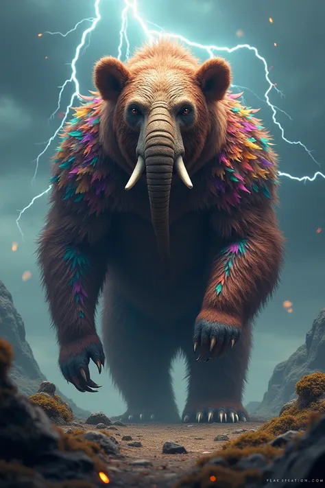 Big bear with feathers on the body and the face of an elephant with lightning in the background of the scenery 