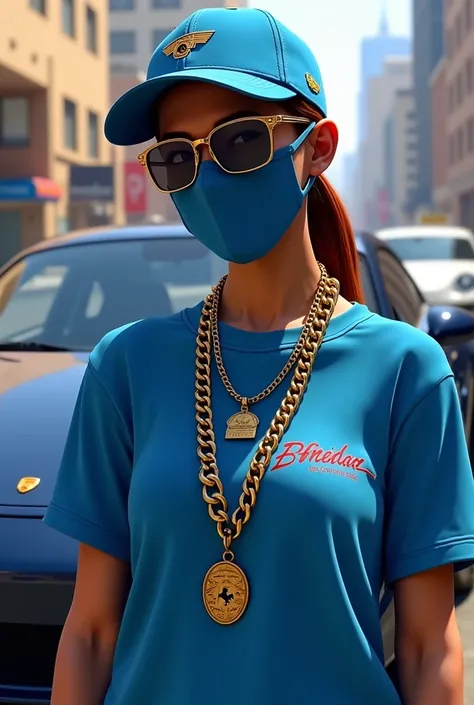 Take a picture of a character from GTA With 2 chains around the neck with a blue cap and the blue t-shirt and also a blue mask and put writing on the blouse, Minor Gabriel put behind him a Porsche 
