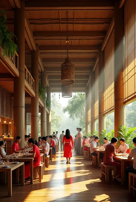  for an Indonesian dining house in the 9th century . Interior with bamboo ,  featuring traditional Indonesian cuisine.  Hyper realistic picture 