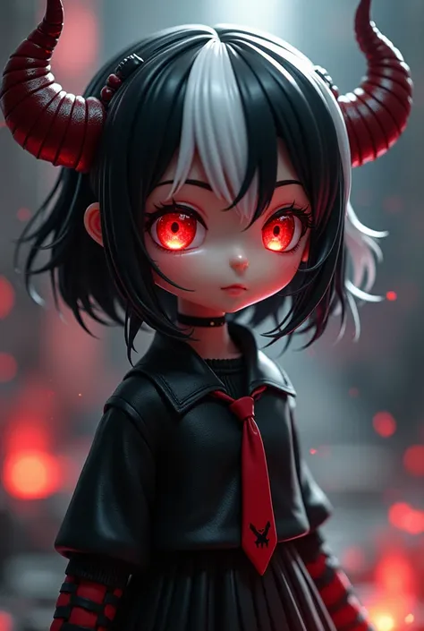 SD Character, The full body of a doll with horns and red eyes , ４Head to Body, Good Smile Company anime style as black and white split hair in the center ,  Nendoroid のようなスタイル,  Good Smile Company anime style, Burning, Anime Figures, Anime Figures, Of thos...