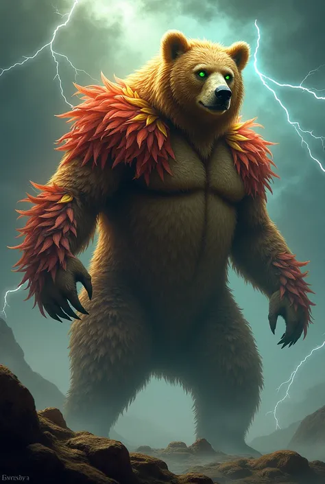 Big bear with feathers on its body and lightning in the background of the setting with green eyes