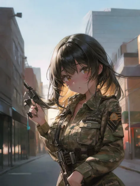 (masterpiece, highest quality:1.2),  1 girls, , ((she's wearing a very cute outfit)),  ((camouflage uniform)) , ((battlefield)) ...