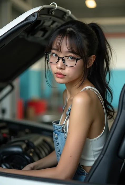 A 24-year-old Japanese female auto mechanic 、印象的かつ型破りなportrait photograph。 Wearing intellectual glasses、and she has big breasts in an old white adult-like tank top、 leaning back in the car while wearing the hood 、 in a garage setting 。 her beautiful dark h...