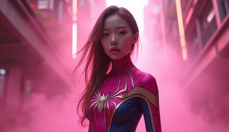 a beautiful korean woman, wearing pink spiderwoman costume, full body costume except head, full body shot, standing, hyper realistic, intricate details, cinematic lighting, dramatic poses, chiaroscuro lighting, volumetric lighting, realistic skin texture, ...