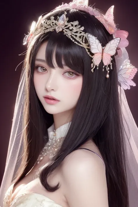  close-up of woman wearing veil and butterfly, (( A Beautiful Miraculous Queen)), Fantasy art style,  A Beautiful Miraculous Queen, Exquisite fantasy anime ,  Beautiful anime  portrait,  Beautiful anime  style,  Beautiful anime  woman,  Beautiful anime  gi...