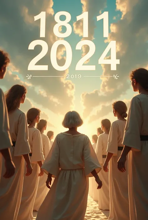 angels forming a corridor while a chubby lady with short gray hair is carried by Jesus looking up to the sky with the numbers 18/11/2024 formed in the sky with the clouds they turn their backs on the image