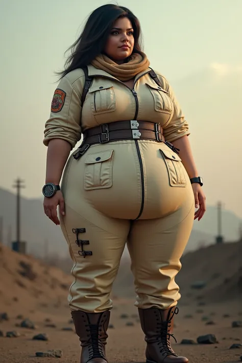 photorealistic image of plus size brunette girl with HUMONGOUS GLUTES, shows (widely) expansive protruding booty overhang, (art by Alberto Seveso),(realistic skin texture:1.5) gradients battlefield, apocalyptic, cream jumper with zippers belts clasps latch...