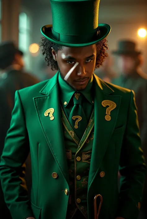 a sharply dressed sean combs as the riddler, extremely detailed eyes and face, beautiful detailed lips, long eyelashes, ornate green suit with question mark patterns, top hat, cane, sinister expression, dark and moody atmosphere, dramatic lighting, cinemat...