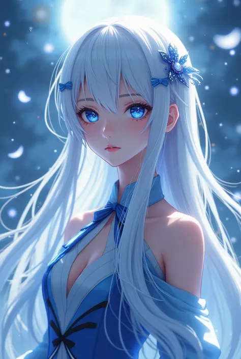 fasion clothes ,female , anime, white hair, blue eyes,blue  Higanbana hair pins,Long hair straight,snow moon light firefly background