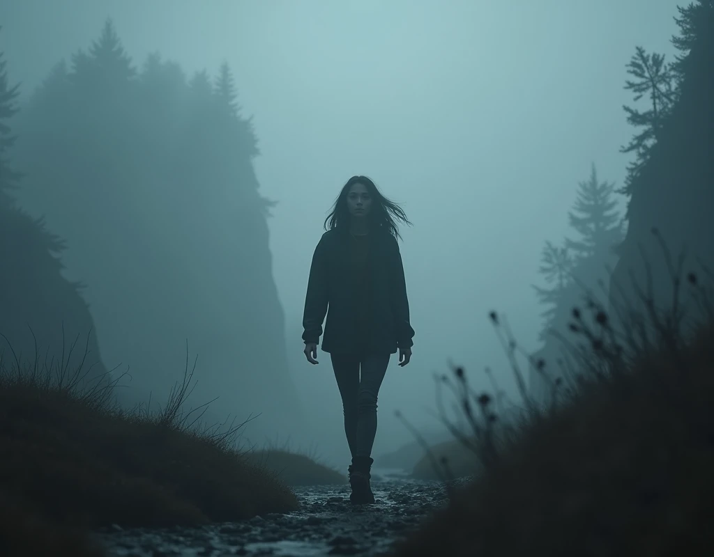 A adult girl walking towards a foggy dark area 