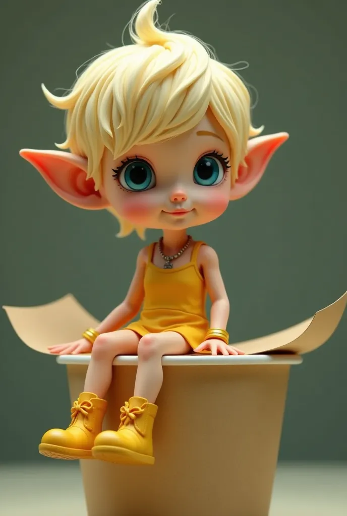 A big Cup noodles with the round paper lid closed, A lid on the cup noodles, a small miniature elf figure sitting on the edge of the lid, PVC miniature doll, PVC textured miniature figure, blonde pixie cut, azure eyes, Pointy Ears, silver necklace, yellow ...