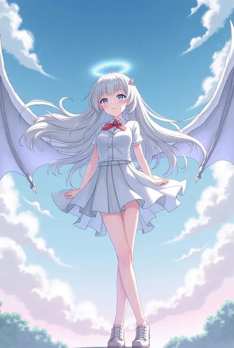 Its V-tuber style, 、The silver-haired, silver-eyed girl has dragon wings and is in the anime style of a school uniform