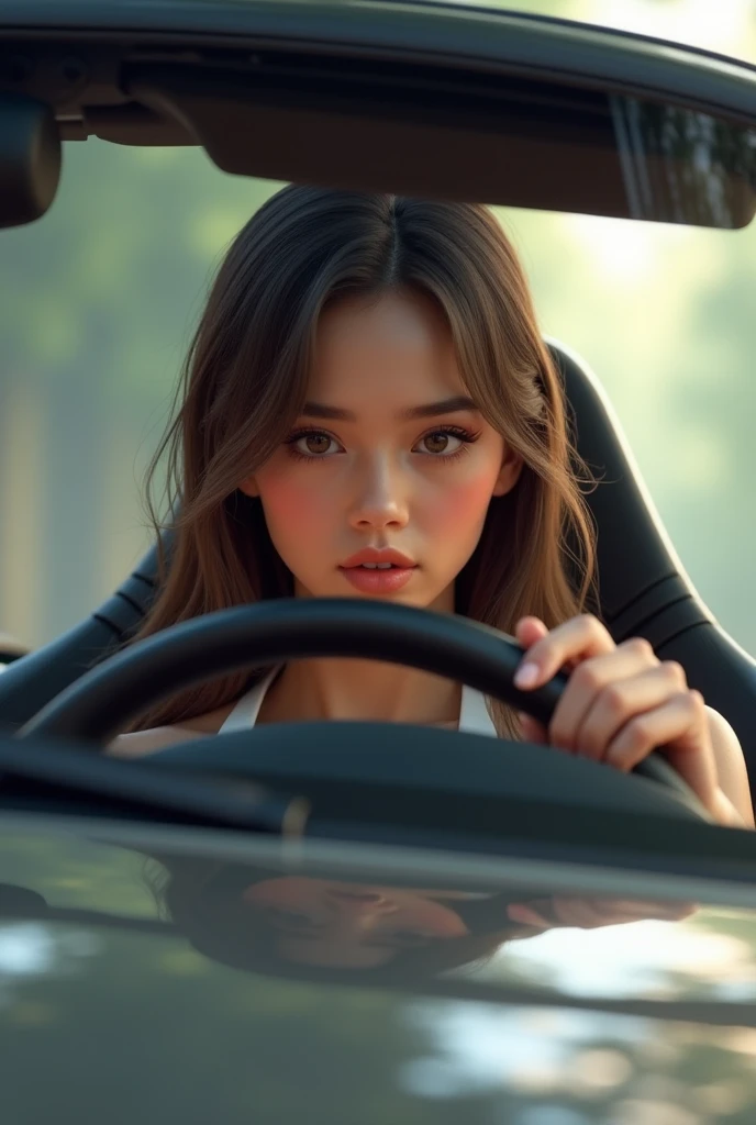 pretty girl driving her car porsche holding the steering wheel  hitting gas and breaks draw in passage sit shows the girl clearly more pretty and shows the front window of the car 