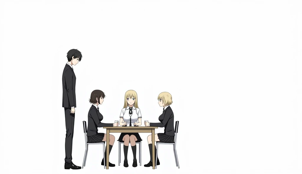 This is a Japanese-style 2D illustration. .  Three students dressed at the same school who appear to be high school students are sitting at a table. The students are all sitting looking ahead .  The student sitting on the left is a male student and a tall ...