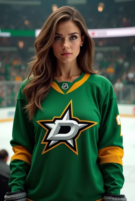 attractive woman, standing, wearing Dallas Stars hockey team sweater