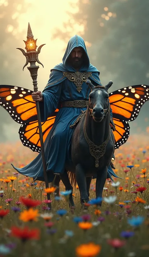  A robed sorcerer, holding a glowing staff, rides on a monarch butterfly gliding through a meadow. The soft focus background features colorful wildflowers under warm golden-hour light.  