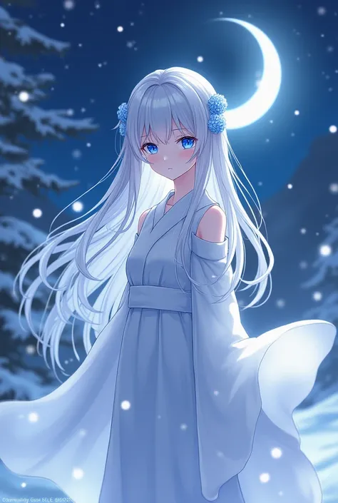  female , anime, white hair, blue eyes,blue  Higanbana hair pins,Long hair straight,snow moon light firefly background,monk higanbaba dress