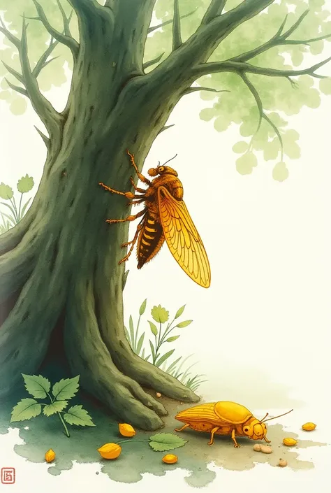 A loose Zen-style watercolor painting, a golden cicada climbs up a tree from the soil, leaving behind an earth-yellow shell. The details are extremely detailed, rendered with splashed ink, blurred, dreamy and hazy, light green and soft white.