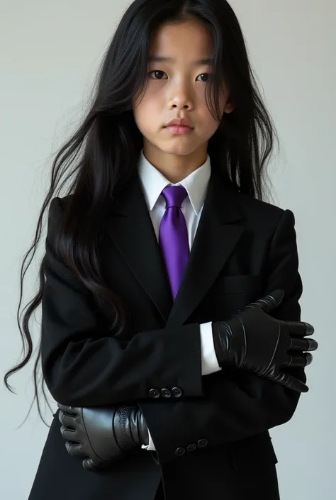 Live action Asian pre Teen boy with Very Long Flowing black hair, a black double-breasted suit over a White dress shirt. a Purple tie that stays tight around his neck. Pointed toe shoes and black Leather gloves.  hugging