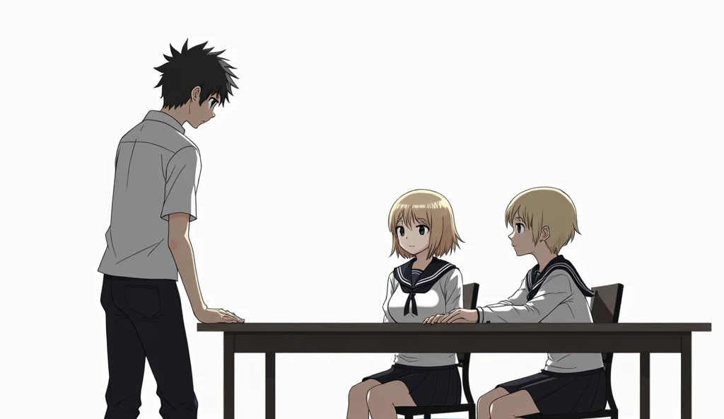 This is a Japanese-style 2D illustration. .  Three students dressed in the same school who appear to be high school students are sitting at a long table. The students are all sitting looking ahead .  The student sitting on the left is a male student and a ...