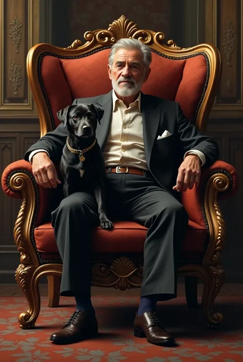 A Italian old rich seat on the chair with his Black dog