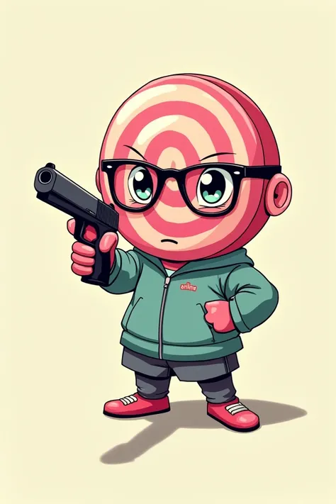 Make a lolli pointing a gun with glasses written f*** Anime drawing