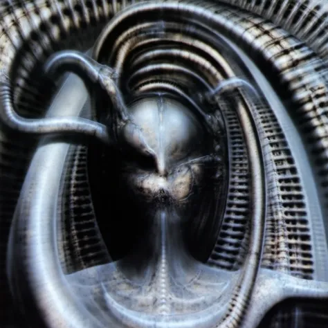 H. R. Gigers g1g3r, , Giger_style, H. R. Gigers g1g3r, , Giger_style, The image is a detailed view of H.R. Gigers " Pasagen " plate, featuring biomechanical ministry. The composition is dynamic and tense, with the two creatures facing off in a battle for s...