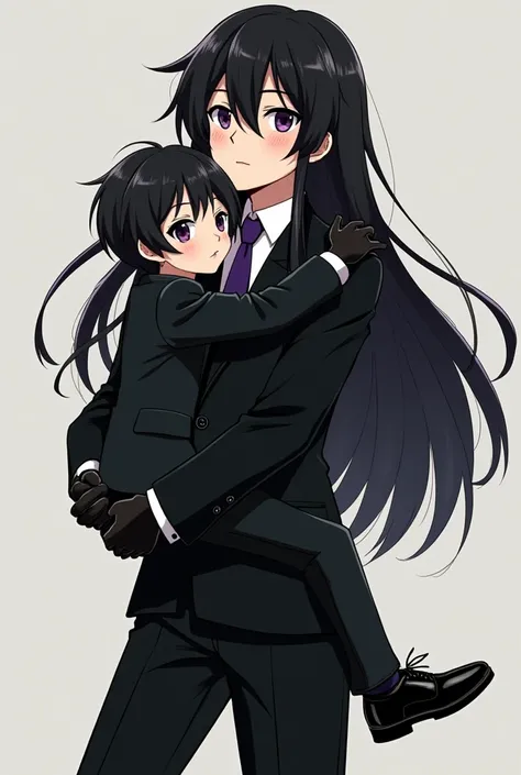 Live action Asian pre Teen boy with Very Long Flowing black hair, a black double-breasted suit over a White dress shirt. a Purple tie that stays tight around his neck. Pointed toe shoes and black Leather gloves.  hugging a Smaller boy