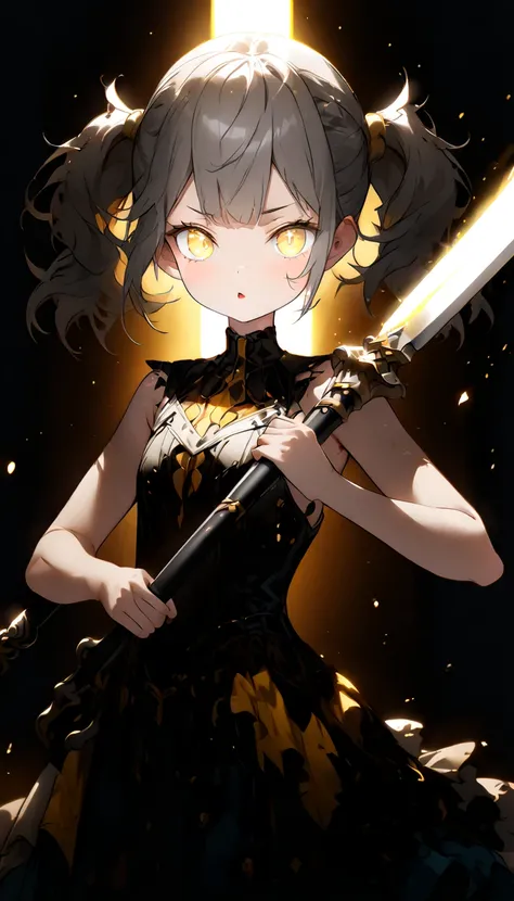 (best quality, ultra high resolution), ultra detailed, soft brush, boyish girl, yellow eyes, shining eyes, short white twin tails, standing pose, dramatic lighting, Motion holding a spear, Small chest, Gacha splash, yellow cinematic light source, fantasy, ...