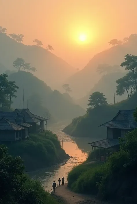 A misty winter morning in a Bangladeshi village, with the sun rising and sunlight peeking through the trees. Look like realistic

