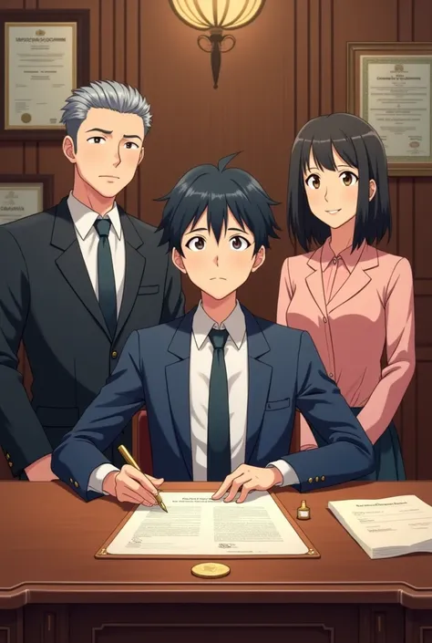  create an anime-style notary picture, ren, parents and contract certification  