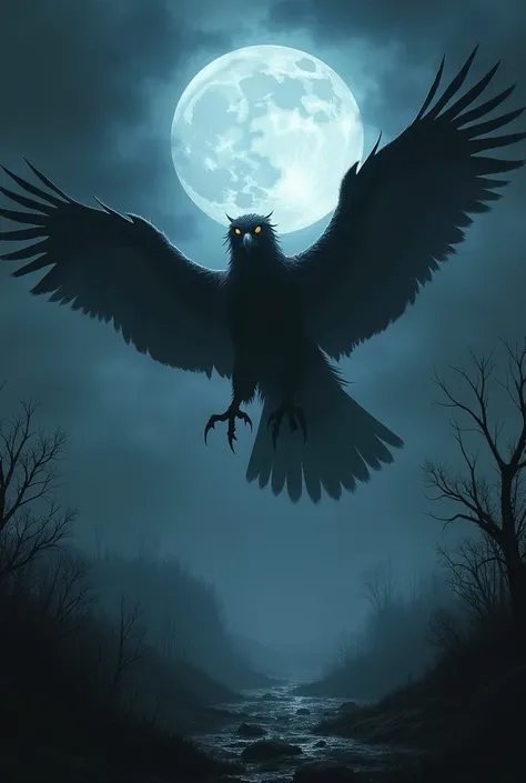 A moonlit night and a scary bird is flying in this sky