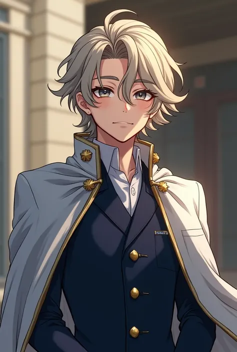 A  guy. With ash blonde hair and cat like grey eyes. His wavy hair covering his forhead. He looks charming and cheerful. Tall, wearing a navy blue Academy uniform with a sylver cape behind.hes young but looks manly